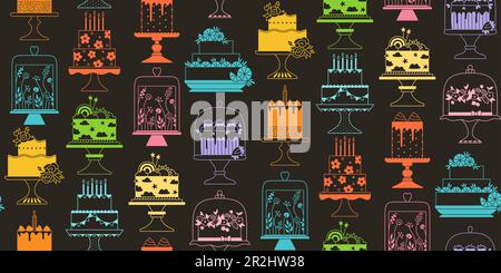 Birthday and wedding cakes celebration desserts seamless pattern. Party delicious cupcake sweet bakery boundless background. Holiday decoration cake ornament, pastries endless print texture vector Stock Vector