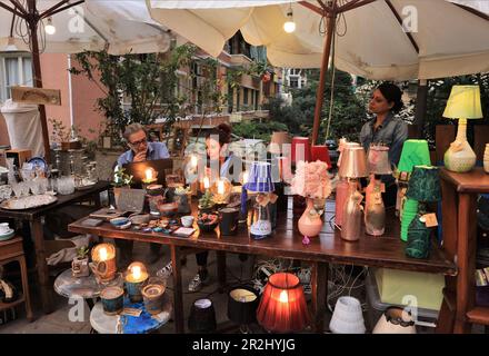 Beirut, Lebanon. 19th May, 2023. A lamp booth is seen in a flea market exhibition at St. Nicolas Stairs in Beirut, Lebanon, on May 19, 2023. The flea market exhibition is held here from May 19 to May 21. Credit: Liu Zongya/Xinhua/Alamy Live News Stock Photo