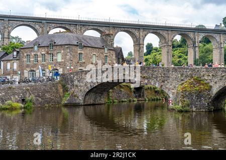 Stone bridge over the river Rance and viaduct in Dinan, Brittany, France Stock Photo