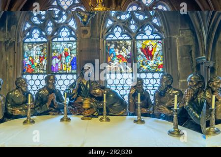 Jesus and disciples at the Last Supper, interior of the Freiburg Minster, Freiburg im Breisgau, Black Forest, Baden-Württemberg, Germany Stock Photo