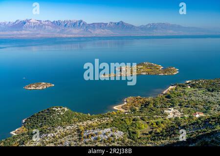 View over Lake Skadar with the island of Beška near the village of Donji Murici, Montenegro, Europe Stock Photo
