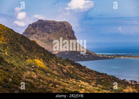View of the prominent Le Morne Brabant mountain from the Le Morne Tamarin viewpoint in southwest Mauritius, Indian Ocean Stock Photo