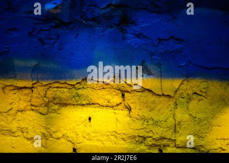 Old brick wall colored in Ukrainian flag colors Stock Photo