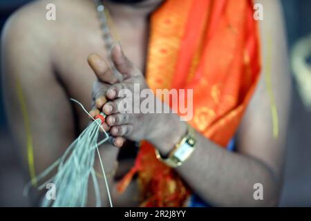 Sri Srinivasa Perumal Hindu temple, Hindu priest (Brahmin) performing puja ceremony and rituals, Singapore, Southeast Asia, Asia Stock Photo