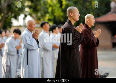 Quan Am Bo Tat temple, Buddhist ceremony, monks praying, Vung Tau, Vietnam, Indochina, Southeast Asia, Asia Stock Photo