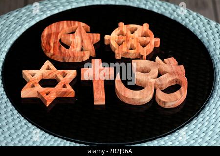 Religious symbols of Catholicism, Islam, Judaism, Orthodoxy, Protestant, Buddhism and Hinduism, Interreligious, interfaith dialogue and spirituality Stock Photo