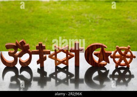 Religious symbols of Catholicism, Islam, Judaism, Orthodoxy, Protestant, Buddhism and Hinduism, interreligious, interfaith dialogue and spirituality Stock Photo