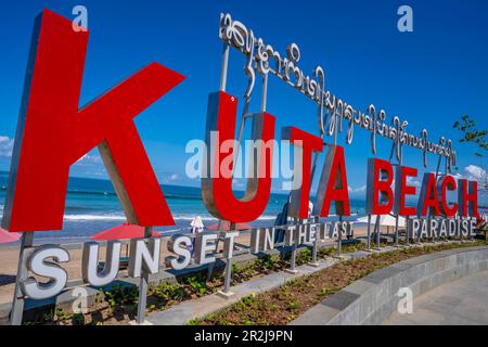View of Kuta Beach sign, Kuta, Bali, Indonesia, South East Asia, Asia Stock Photo