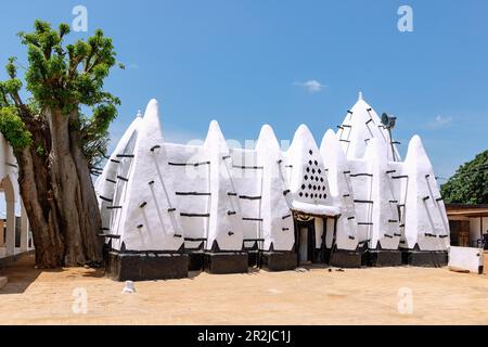 Larabanga Mosque with baobab, men's main entrance, in the Savannah region of northern Ghana in West Africa Stock Photo