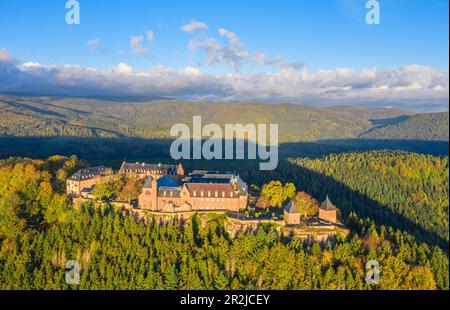 Hohenburg Abbey on Mont Sainte Odile near Obernai at sunrise, Obernai, Oberehnheim, Bas-Rhin, Route des Vins d'Alsace, Alsace Wine Route, Grand Est, A Stock Photo