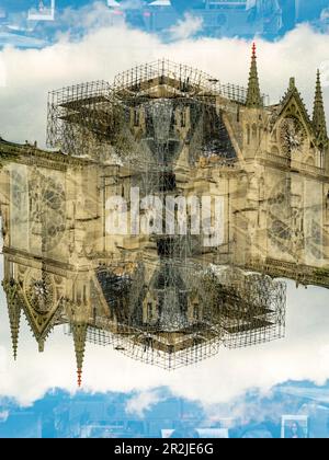 Scaffolding for the renovation of the Notre-Dame Cathedral, after the big fire in April 2019. Stock Photo