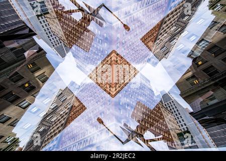 Double exposure of a highrise building on California street with street signs and lampposts in the Financial District area of San Francisco, Californi Stock Photo