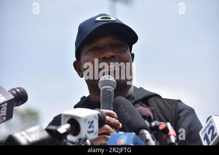 Former professional baseball player Harold Baines talks to the media about  being elected to the Hall of Fame and the upcoming ceremonies during a news  conference, Tuesday, July 2, 2019, at Guaranteed