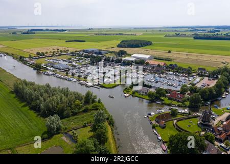 Aerial view of Marina and De Kaai windmill, Sloten, Friesland, Netherlands, Europe Stock Photo