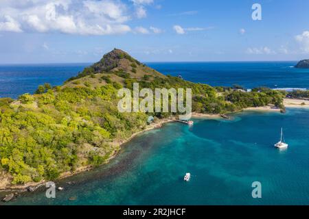 Aerial view of sailboats anchored in front of Pigeon Island National Landmark, Gros Islet Quarter, St. Lucia, Caribbean Stock Photo