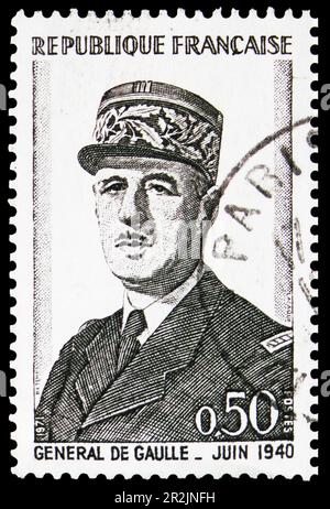 MOSCOW, RUSSIA - MAY 18, 2023: Postage stamp printed in France shows General de Gaulle in June 1940, General De Gaulle serie, circa 1971 Stock Photo