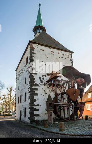 Sculpture Radbühne by Helmut Lutz in front of the Hagenbach Tower, Breisach, Breisgau, Upper Rhine, Black Forest, Baden-Württemberg, Germany Stock Photo