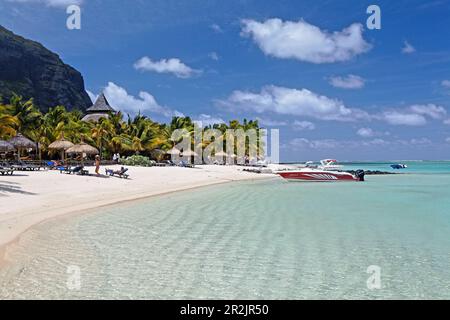 Beach and Le Morne Brabant mountain in the sunlight, Beachcomber Hotel Paradis &amp;amp;amp; Golf Club, Mauritius, Africa Stock Photo