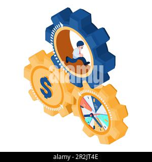 Flat 3d Isometric Businessman Drive Time and Money Inside Gears. Time is Money and Financial Management Concept. Stock Vector