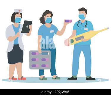 color set with three masked medics holding in hands tablet, pills and thermometer Stock Vector