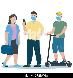 color set of masked office workers and boy on scooter Stock Vector