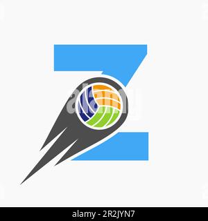 Letter Z Volleyball Logo Concept With Moving Volley Ball Icon. Volleyball Sports Logotype Template Stock Vector