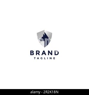 Shield Security Logo Design with Dog Silhouette Motif. Strong and bold logo design on shield icon with shepherd dog motif inside. Stock Vector