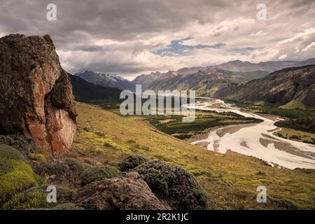 View of Vueltas River Valley, El Chalten, Fitz Roy Massif, Santa Curz Province, Patagonia, Argentina, South America Stock Photo