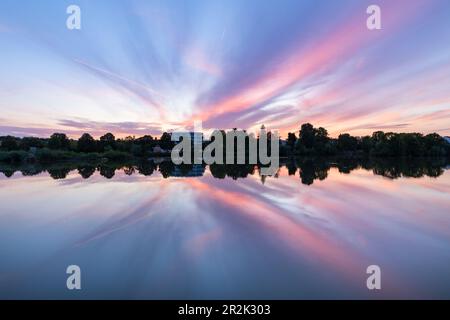 Spectacular sunset at the Main, Kitzingen, Lower Franconia, Franconia, Bavaria, Germany, Europe Stock Photo