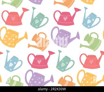 Childish vector pattern with colorful watering cans on a white background. Texture with gardening tools. Background with sprinklers for wrapping paper Stock Vector
