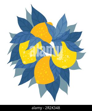 Vector illustration of bunch of lemons with foliage. Hand drawn flat ...