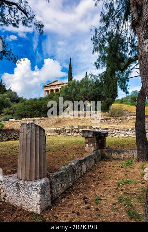 Remote view of the temple of Hephaestus in Ancient Agora, Athens, Greece. The Temple of Hephaestus is the best preserved ancient temple in Greece. It Stock Photo