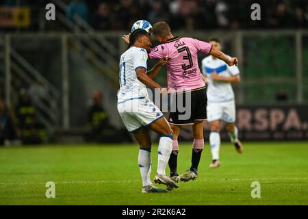 Palermo’s Marco Sala defending against Brescia’s Florian Aye during the Italian Serie BKT soccer match Palermo FC vs. Brescia at the Renzo Barbera sta Stock Photo