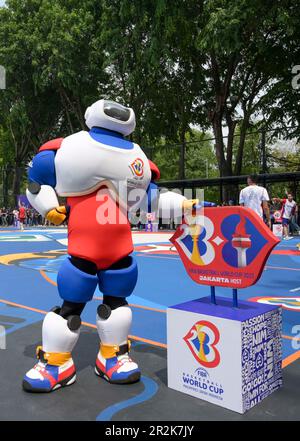 Jakarta, Indonesia. 20th May, 2023. JIP, official mascot of FIBA Basketball World Cup 2023, is seen during the Revamp My Court program in Jakarta, Indonesia, May 20, 2023. Revamp My Court program is a process of refurbishment of the host city's local basketball court with the aim of leaving a legacy, as part of a pre-event series toward the FIBA World Cup 2023 in three host countries Japan, Indonesia, and the Philippines. Credit: Zulkarnain/Xinhua/Alamy Live News Stock Photo