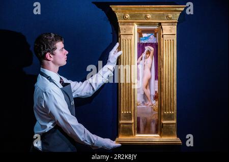 London, UK. 19 May 2023. Frederic, Lord Leighton, The Bath of Psyche, oil on canvas Painted circa 1887, Estimate $300,000-500,000 - The second installment of the Ann & Gordon Getty Collection: Temple of Wings sale at Christies. Following the October 2022 sale in June this presents the contents of the Gettys' historic, turn of the century, Berkeley property: Temple of Wings. The Collection will be sold over one live auction in New York - taking place on June 14, and two online sales ending on June 15. Proceeds will benefit selected arts and science organizations designed by Ann and Gordon Gett Stock Photo