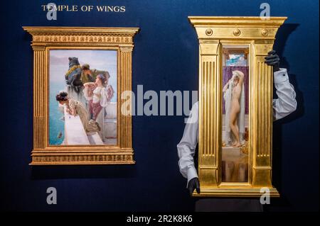 London, UK. 19 May 2023. Sir Lawrence Alma-Tadema, A Coign of Vantage, oil on panel, Estimate $2,500,000-3,500,000 with Frederic, Lord Leighton, The Bath of Psyche, oil on canvas Painted circa 1887, Estimate $300,000-500,000 - The second installment of the Ann & Gordon Getty Collection: Temple of Wings sale at Christies. Following the October 2022 sale in June this presents the contents of the Gettys' historic, turn of the century, Berkeley property: Temple of Wings. The Collection will be sold over one live auction in New York - taking place on June 14, and two online sales ending on June 15 Stock Photo