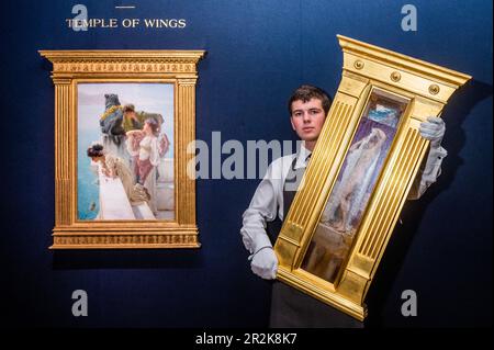 London, UK. 19 May 2023. Sir Lawrence Alma-Tadema, A Coign of Vantage, oil on panel, Estimate $2,500,000-3,500,000 with Frederic, Lord Leighton, The Bath of Psyche, oil on canvas Painted circa 1887, Estimate $300,000-500,000 - The second installment of the Ann & Gordon Getty Collection: Temple of Wings sale at Christies. Following the October 2022 sale in June this presents the contents of the Gettys' historic, turn of the century, Berkeley property: Temple of Wings. The Collection will be sold over one live auction in New York - taking place on June 14, and two online sales ending on June 15 Stock Photo