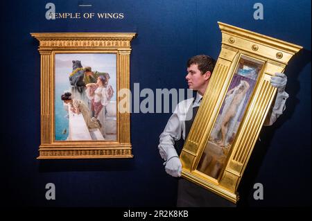 London, UK. 19 May 2023. Sir Lawrence Alma-Tadema, A Coign of Vantage, oil on panel, Estimate $2,500,000-3,500,000 with Frederic, Lord Leighton, The Bath of Psyche, oil on canvas Painted circa 1887, Estimate $300,000-500,000 - The second installment of the Ann & Gordon Getty Collection: Temple of Wings sale at Christies. Following the October 2022 sale in June this presents the contents of the Gettys' historic, turn of the century, Berkeley property: Temple of Wings. The Collection will be sold over one live auction in New York - taking place on June 14, and two online sales ending on June 15 Stock Photo