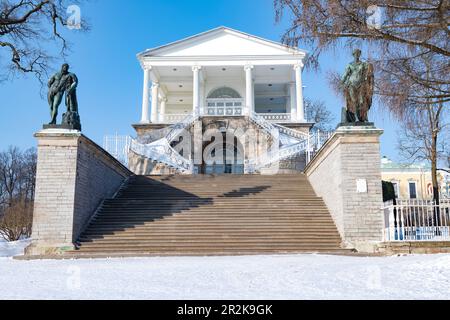 PUSHKIN, RUSSIA - FEBRUARY 21, 2023: Staircase of the Cameron Gallery of the Catherine Palace on a February afternoon. Tsarskoye Selo Stock Photo