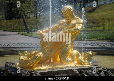 PETRODVORETS, RUSSIA - MAY 11, 2023: The central sculpture of the Triton fountain (allegory of victory in the Russian-Swedish war) is close-up Stock Photo