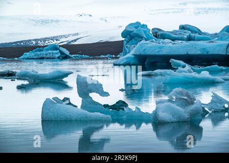 Bizarre icebergs floating in the Jökulsárlón glacier lagoon, one in the shape of a swan, Iceland, Vatnajökull National Park, near Route 1 / Ring Road Stock Photo