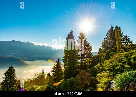 Mountain View over Trees and Lake Lugano with Cloudscape with Sunbeam on Clear Sky in Lugano, Ticino in Switzerland. Stock Photo