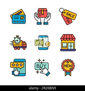 Ecommerce and Shopping Icons Set in Colored Outline Style Icon Stock Vector