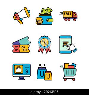 Ecommerce and Shopping Icons Set in Colored Outline Style Icon Stock Vector