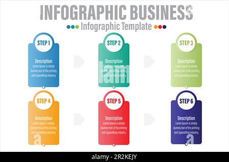 Concept process with six 6 steps or six 6 option. Three colorful graphic elements. Timeline design for brochure, presentation, web site. Infographic d Stock Vector