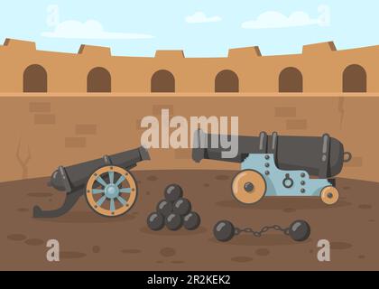 Medieval cannons with cannonballs on tower Stock Vector