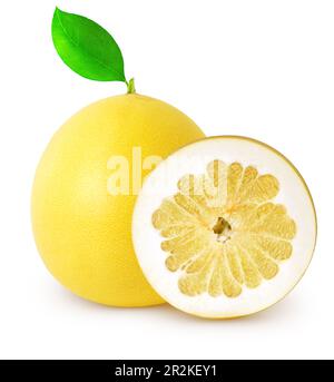 Isolated pomelo. One whole pomelo fruit with leaf and a slice isolated on white background Stock Photo