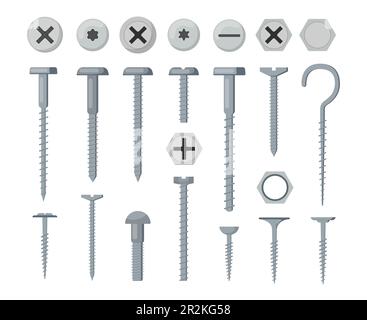Various silver bolts and screws flat vector illustration set. Stock Vector