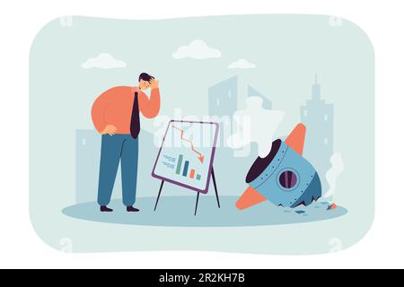 Bankrupt businessman with bad strategy and debris of rocket Stock Vector