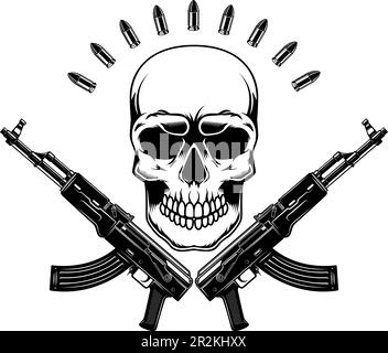 Illustration of the skull with crossed assault rifles. Design element for logo, label, sign, emblem. Vector illustration, Illustration of the skull wi Stock Vector